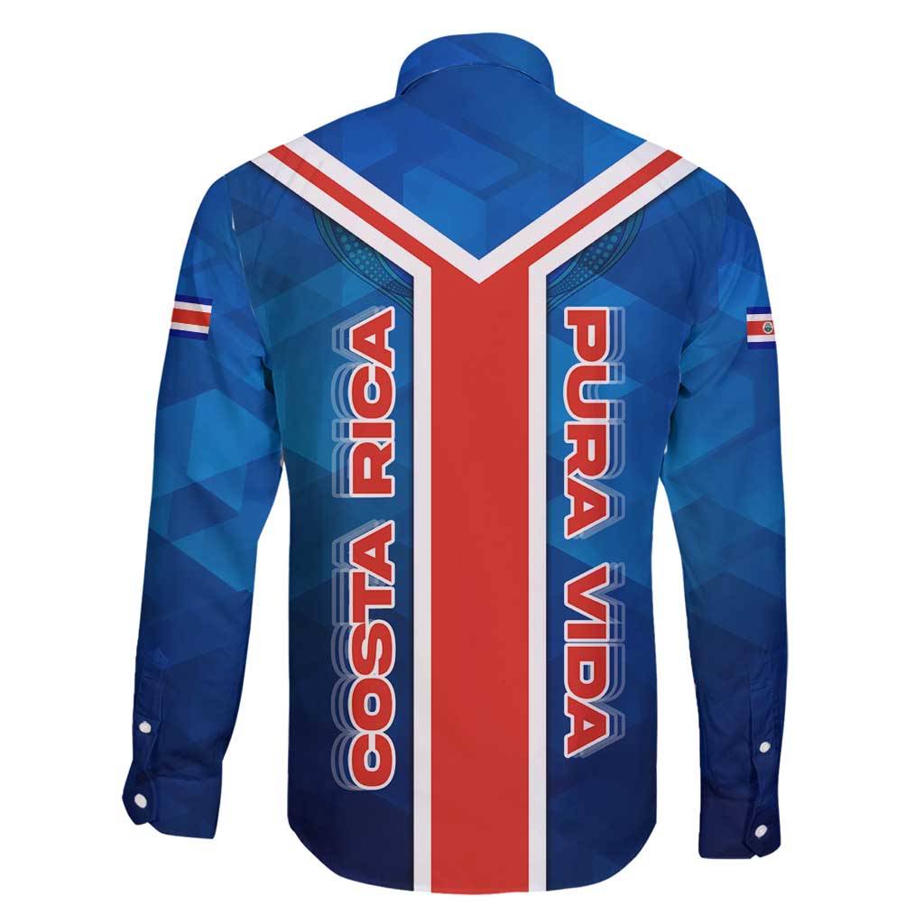 Costa Rica Pura Vida Family Matching Long Sleeve Bodycon Dress and Hawaiian Shirt Blue Geometric with Red Stripe and National Flag Detail - Wonder Print Shop