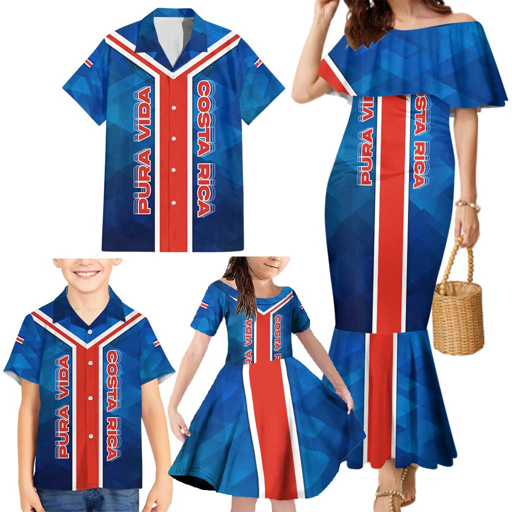 Costa Rica Pura Vida Family Matching Mermaid Dress and Hawaiian Shirt Blue Geometric with Red Stripe and National Flag Detail - Wonder Print Shop