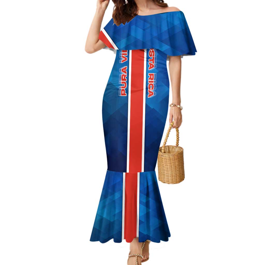 Costa Rica Pura Vida Family Matching Mermaid Dress and Hawaiian Shirt Blue Geometric with Red Stripe and National Flag Detail - Wonder Print Shop