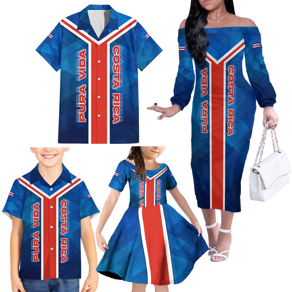 Costa Rica Pura Vida Family Matching Off The Shoulder Long Sleeve Dress and Hawaiian Shirt Blue Geometric with Red Stripe and National Flag Detail - Wonder Print Shop