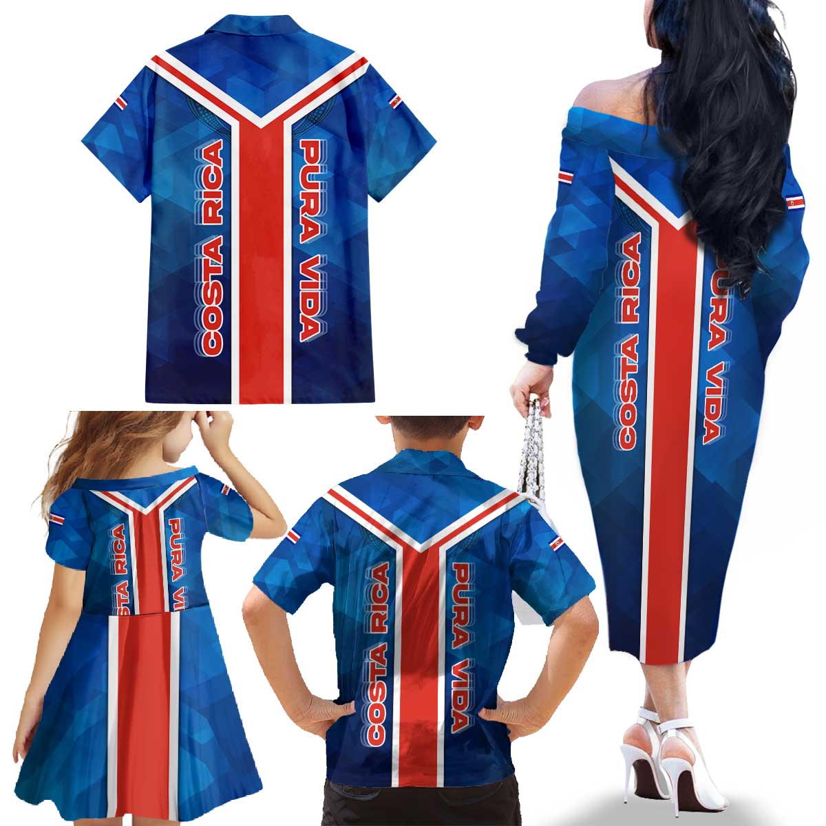 Costa Rica Pura Vida Family Matching Off The Shoulder Long Sleeve Dress and Hawaiian Shirt Blue Geometric with Red Stripe and National Flag Detail - Wonder Print Shop