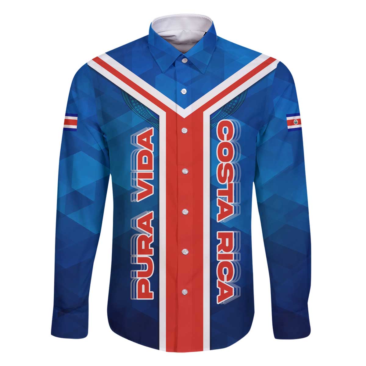 Costa Rica Pura Vida Family Matching Off The Shoulder Long Sleeve Dress and Hawaiian Shirt Blue Geometric with Red Stripe and National Flag Detail - Wonder Print Shop