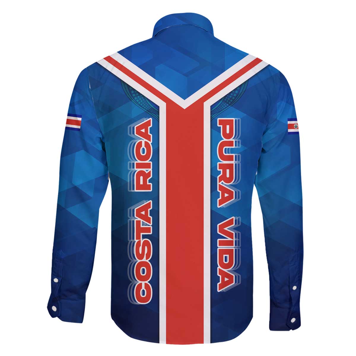 Costa Rica Pura Vida Family Matching Off The Shoulder Long Sleeve Dress and Hawaiian Shirt Blue Geometric with Red Stripe and National Flag Detail - Wonder Print Shop