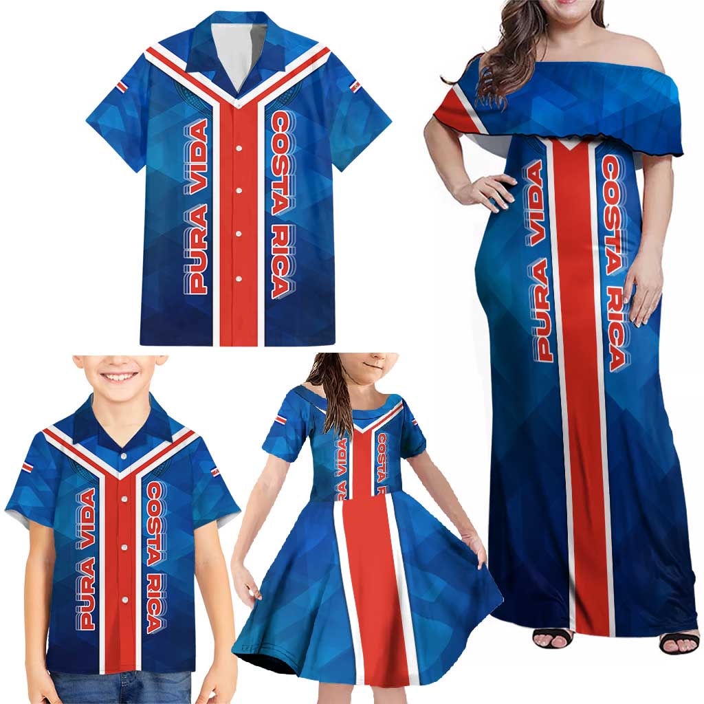 Costa Rica Pura Vida Family Matching Off Shoulder Maxi Dress and Hawaiian Shirt Blue Geometric with Red Stripe and National Flag Detail - Wonder Print Shop