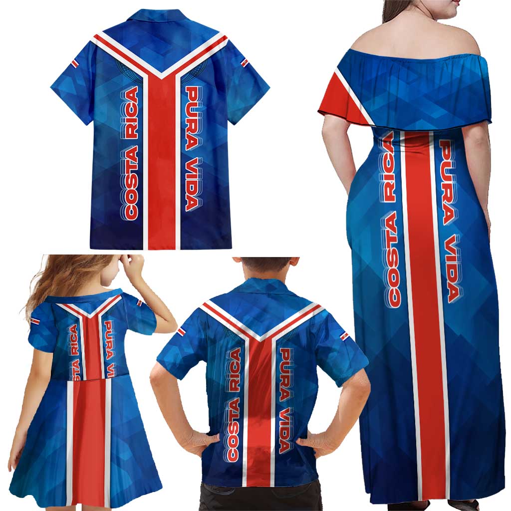 Costa Rica Pura Vida Family Matching Off Shoulder Maxi Dress and Hawaiian Shirt Blue Geometric with Red Stripe and National Flag Detail - Wonder Print Shop