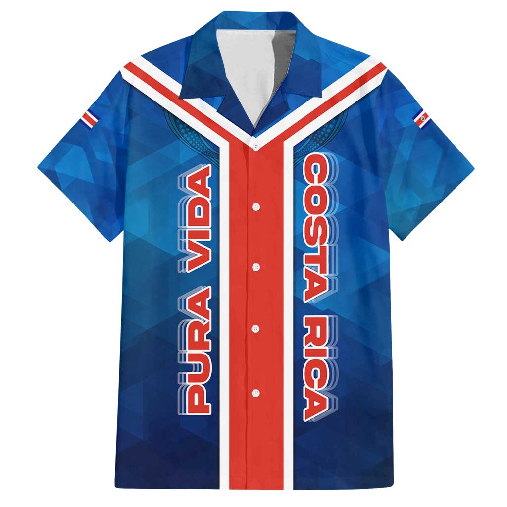 Costa Rica Pura Vida Family Matching Off Shoulder Maxi Dress and Hawaiian Shirt Blue Geometric with Red Stripe and National Flag Detail - Wonder Print Shop