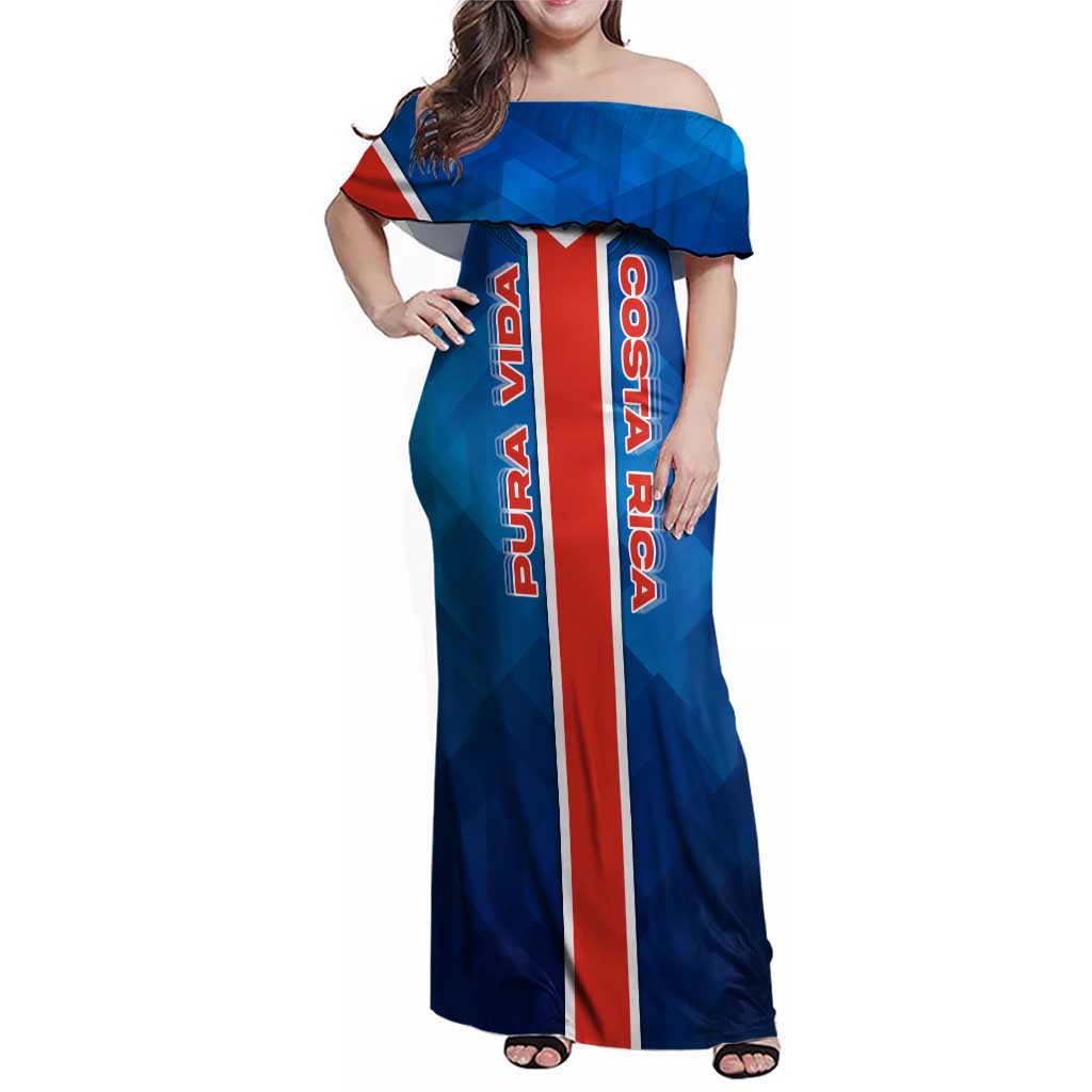 Costa Rica Pura Vida Family Matching Off Shoulder Maxi Dress and Hawaiian Shirt Blue Geometric with Red Stripe and National Flag Detail - Wonder Print Shop