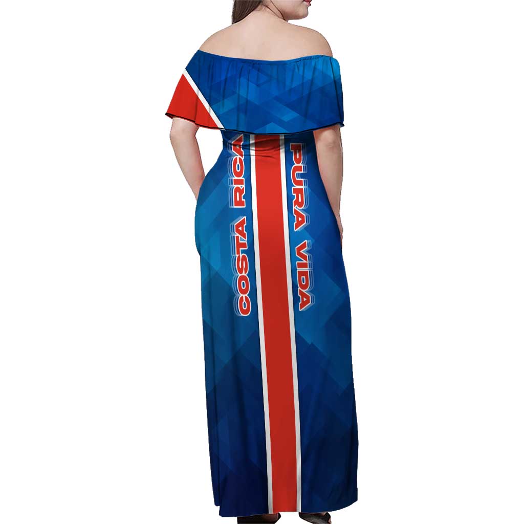 Costa Rica Pura Vida Family Matching Off Shoulder Maxi Dress and Hawaiian Shirt Blue Geometric with Red Stripe and National Flag Detail - Wonder Print Shop