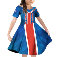 Costa Rica Pura Vida Family Matching Off Shoulder Short Dress and Hawaiian Shirt Blue Geometric with Red Stripe and National Flag Detail - Wonder Print Shop