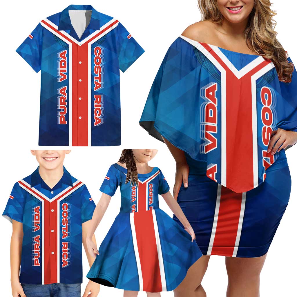 Costa Rica Pura Vida Family Matching Off Shoulder Short Dress and Hawaiian Shirt Blue Geometric with Red Stripe and National Flag Detail - Wonder Print Shop