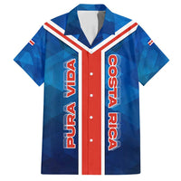 Costa Rica Pura Vida Family Matching Off Shoulder Short Dress and Hawaiian Shirt Blue Geometric with Red Stripe and National Flag Detail - Wonder Print Shop