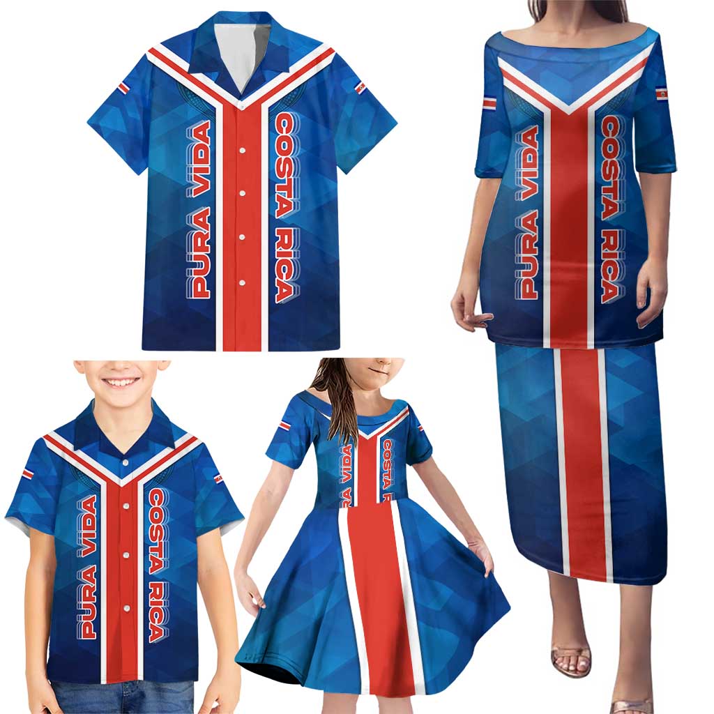 Costa Rica Pura Vida Family Matching Puletasi and Hawaiian Shirt Blue Geometric with Red Stripe and National Flag Detail - Wonder Print Shop