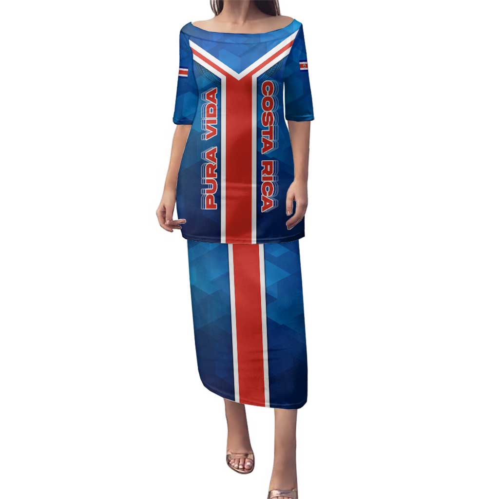 Costa Rica Pura Vida Family Matching Puletasi and Hawaiian Shirt Blue Geometric with Red Stripe and National Flag Detail - Wonder Print Shop