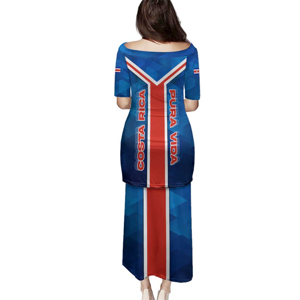 Costa Rica Pura Vida Family Matching Puletasi and Hawaiian Shirt Blue Geometric with Red Stripe and National Flag Detail - Wonder Print Shop