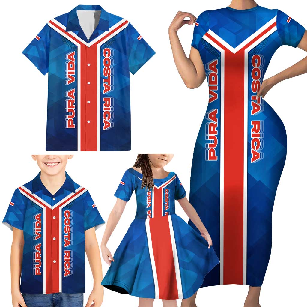 Costa Rica Pura Vida Family Matching Short Sleeve Bodycon Dress and Hawaiian Shirt Blue Geometric with Red Stripe and National Flag Detail - Wonder Print Shop