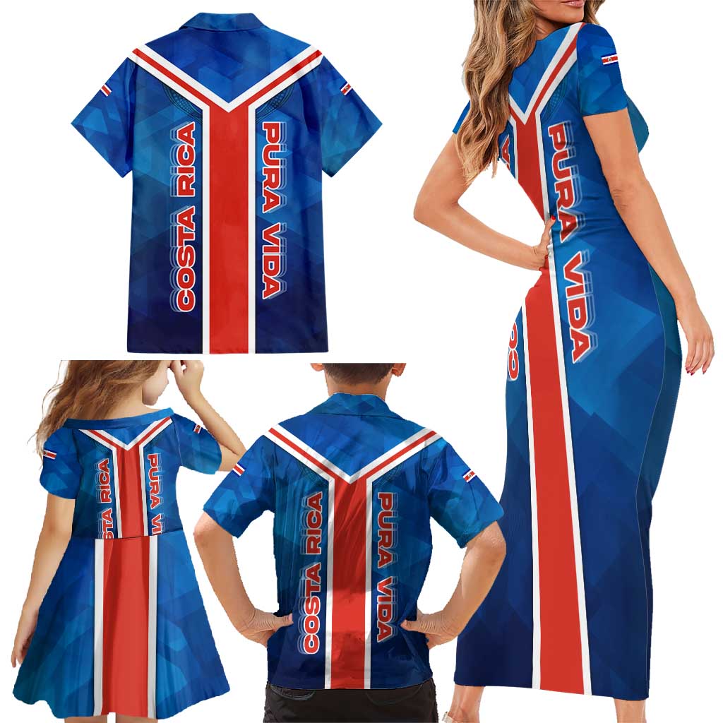 Costa Rica Pura Vida Family Matching Short Sleeve Bodycon Dress and Hawaiian Shirt Blue Geometric with Red Stripe and National Flag Detail - Wonder Print Shop