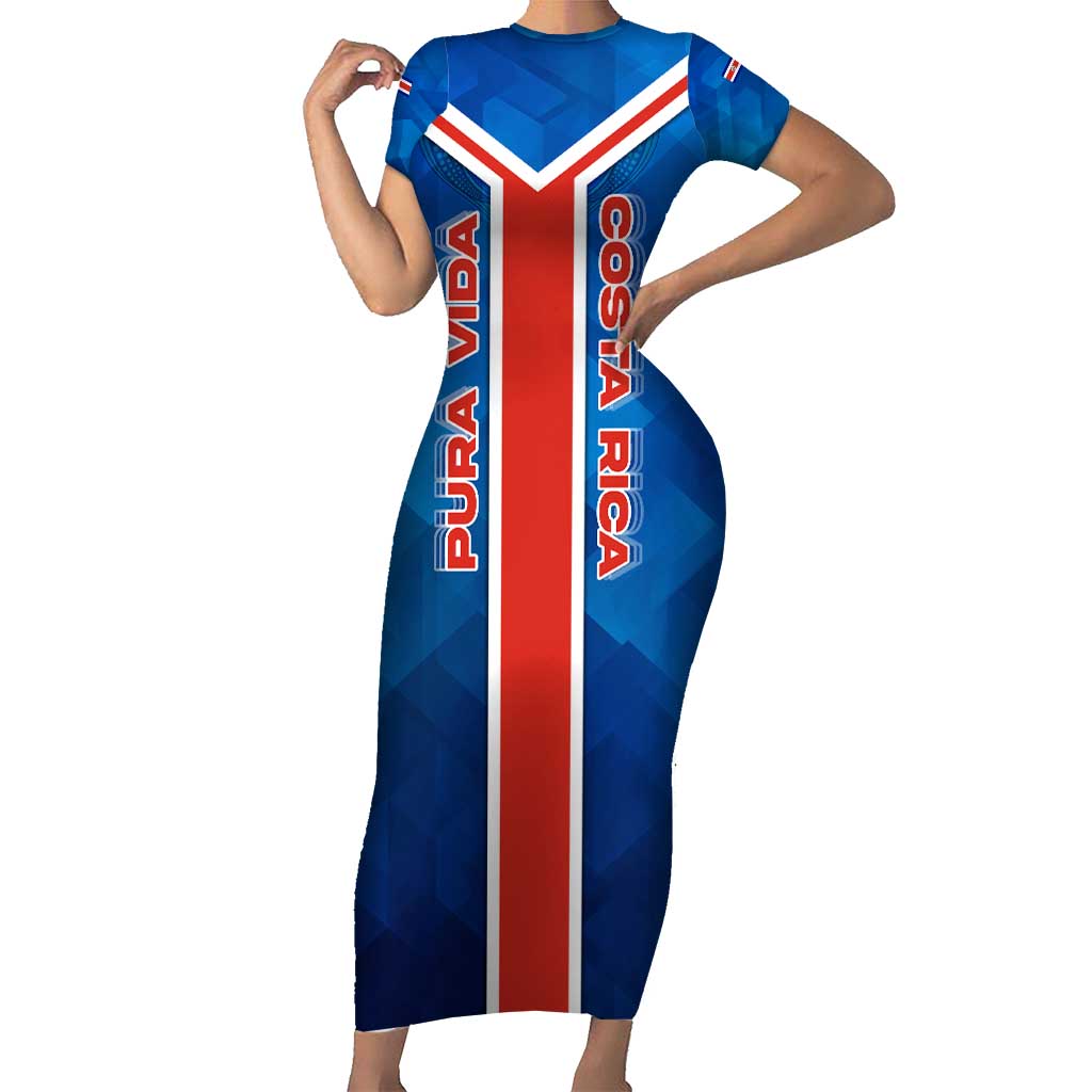 Costa Rica Pura Vida Family Matching Short Sleeve Bodycon Dress and Hawaiian Shirt Blue Geometric with Red Stripe and National Flag Detail - Wonder Print Shop