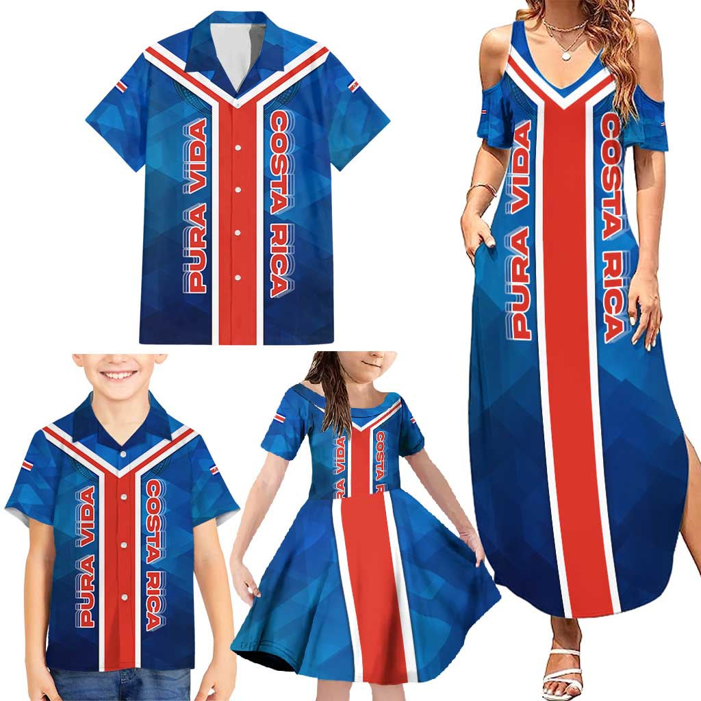Costa Rica Pura Vida Family Matching Summer Maxi Dress and Hawaiian Shirt Blue Geometric with Red Stripe and National Flag Detail - Wonder Print Shop