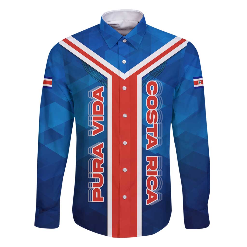 Costa Rica Pura Vida Family Matching Summer Maxi Dress and Hawaiian Shirt Blue Geometric with Red Stripe and National Flag Detail - Wonder Print Shop