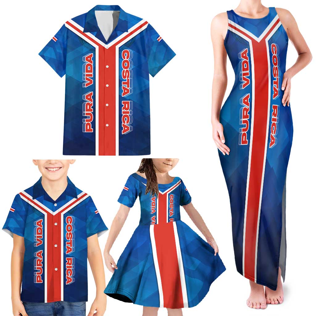 Costa Rica Pura Vida Family Matching Tank Maxi Dress and Hawaiian Shirt Blue Geometric with Red Stripe and National Flag Detail - Wonder Print Shop