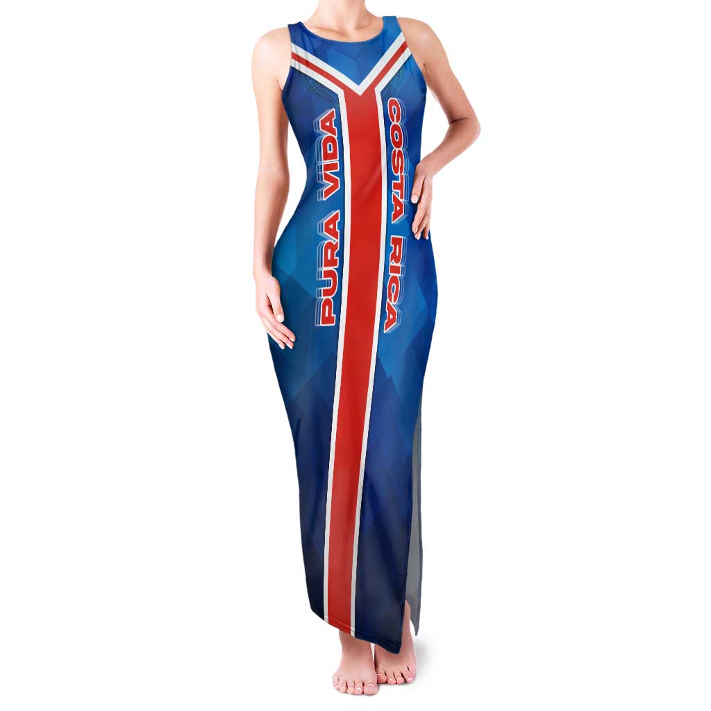 Costa Rica Pura Vida Family Matching Tank Maxi Dress and Hawaiian Shirt Blue Geometric with Red Stripe and National Flag Detail - Wonder Print Shop