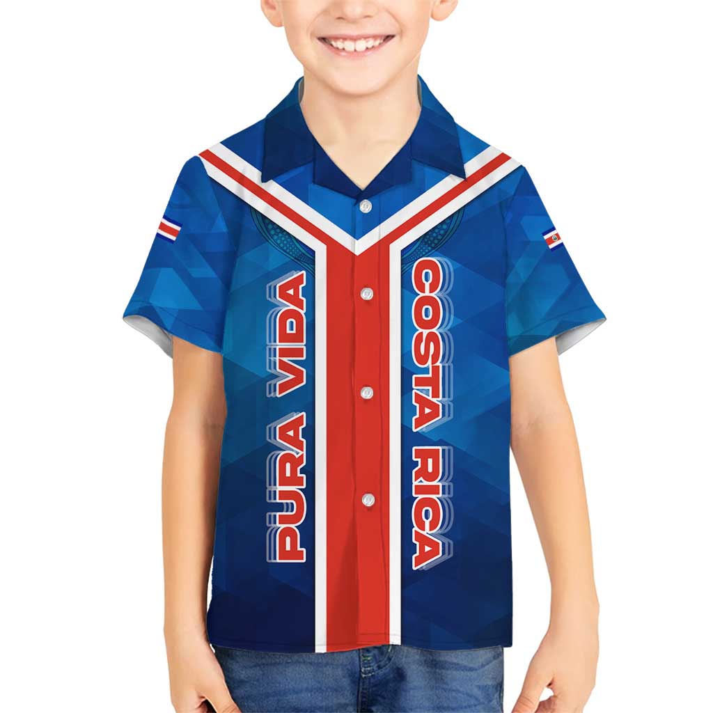 Costa Rica Pura Vida Family Matching Tank Maxi Dress and Hawaiian Shirt Blue Geometric with Red Stripe and National Flag Detail - Wonder Print Shop