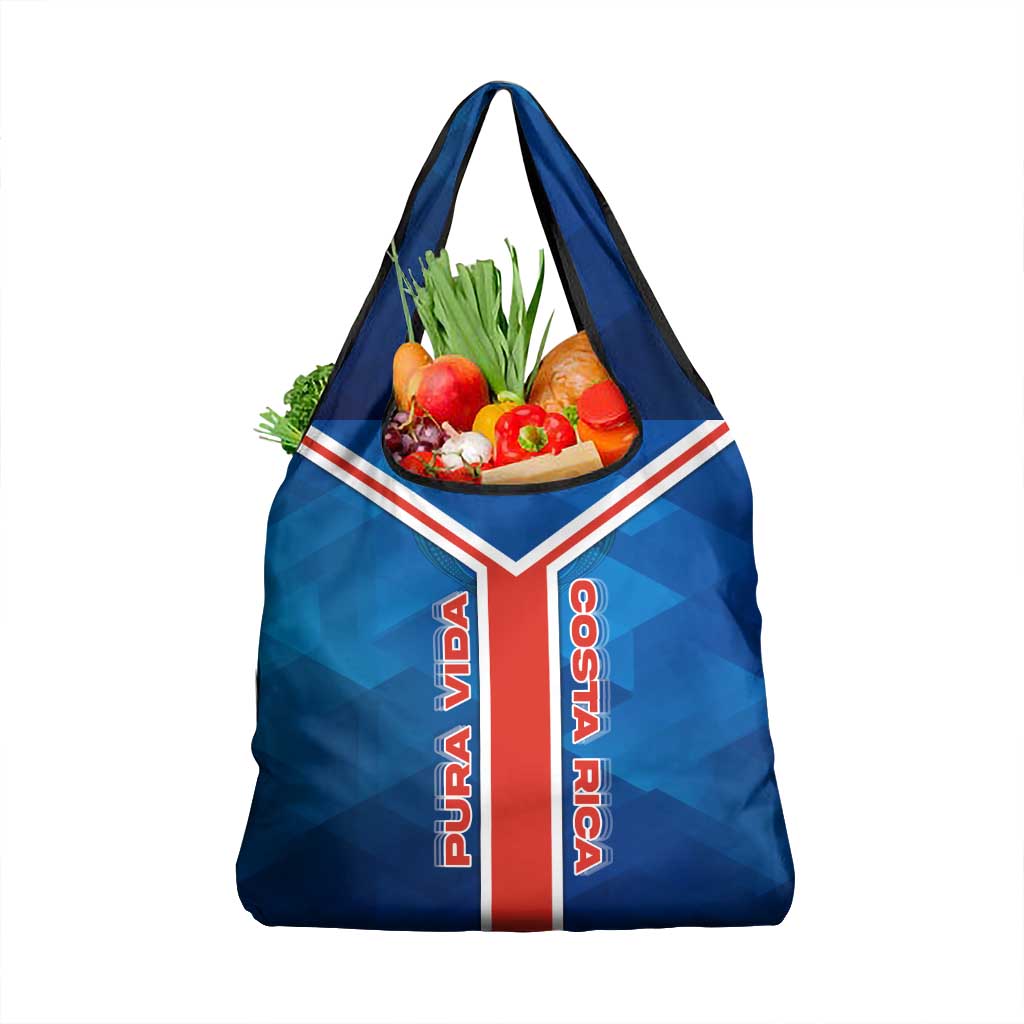 Costa Rica Pura Vida Grocery Bag Blue Geometric with Red Stripe and National Flag Detail - Wonder Print Shop