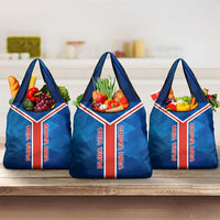 Costa Rica Pura Vida Grocery Bag Blue Geometric with Red Stripe and National Flag Detail - Wonder Print Shop