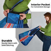 Costa Rica Pura Vida Grocery Bag Blue Geometric with Red Stripe and National Flag Detail - Wonder Print Shop