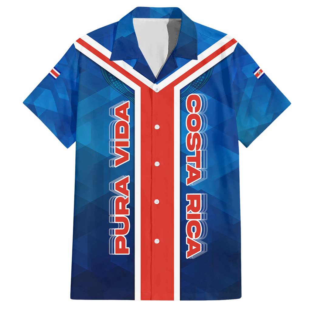 Costa Rica Pura Vida Hawaiian Shirt Blue Geometric with Red Stripe and National Flag Detail - Wonder Print Shop