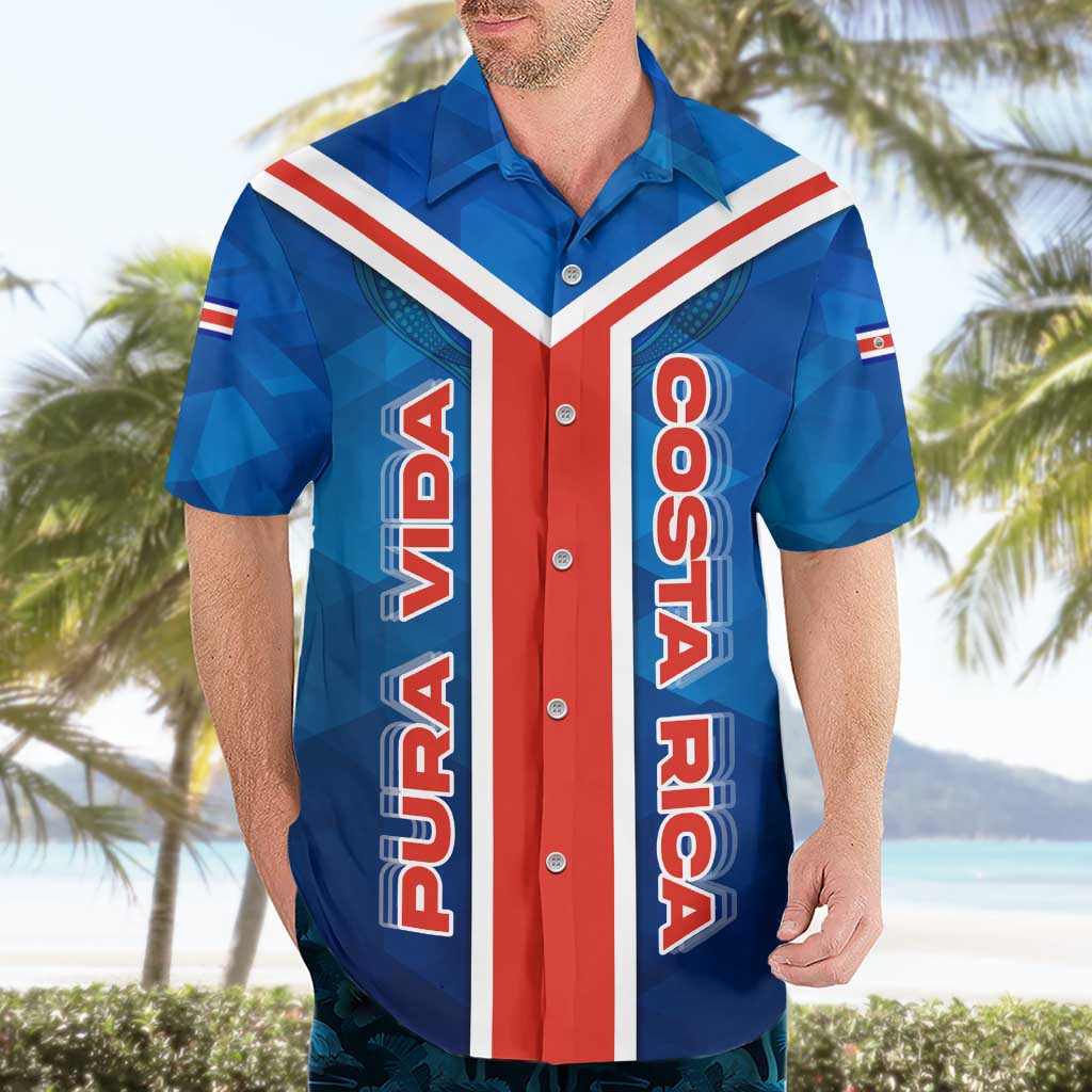 Costa Rica Pura Vida Hawaiian Shirt Blue Geometric with Red Stripe and National Flag Detail - Wonder Print Shop