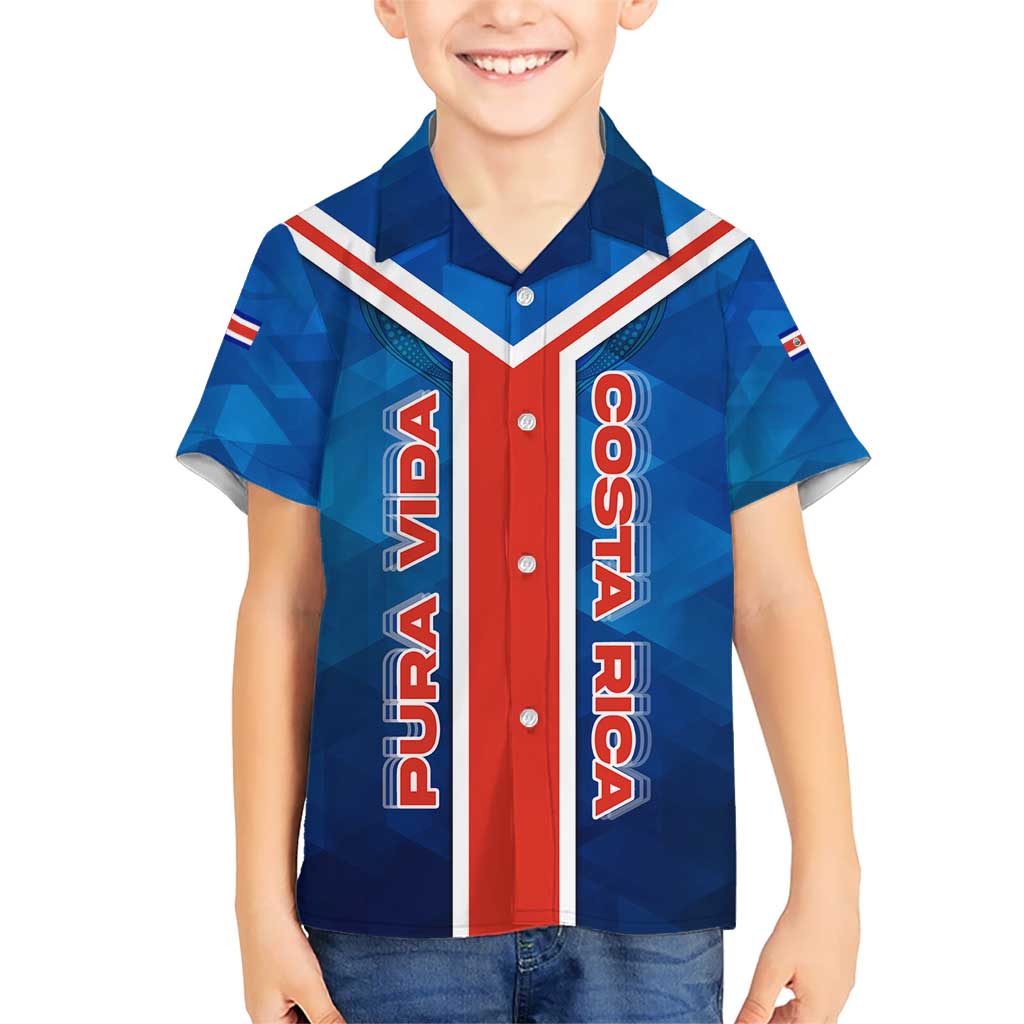 Costa Rica Pura Vida Hawaiian Shirt Blue Geometric with Red Stripe and National Flag Detail - Wonder Print Shop