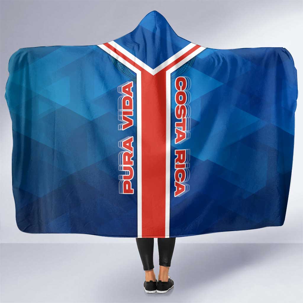 Costa Rica Pura Vida Hooded Blanket Blue Geometric with Red Stripe and National Flag Detail - Wonder Print Shop