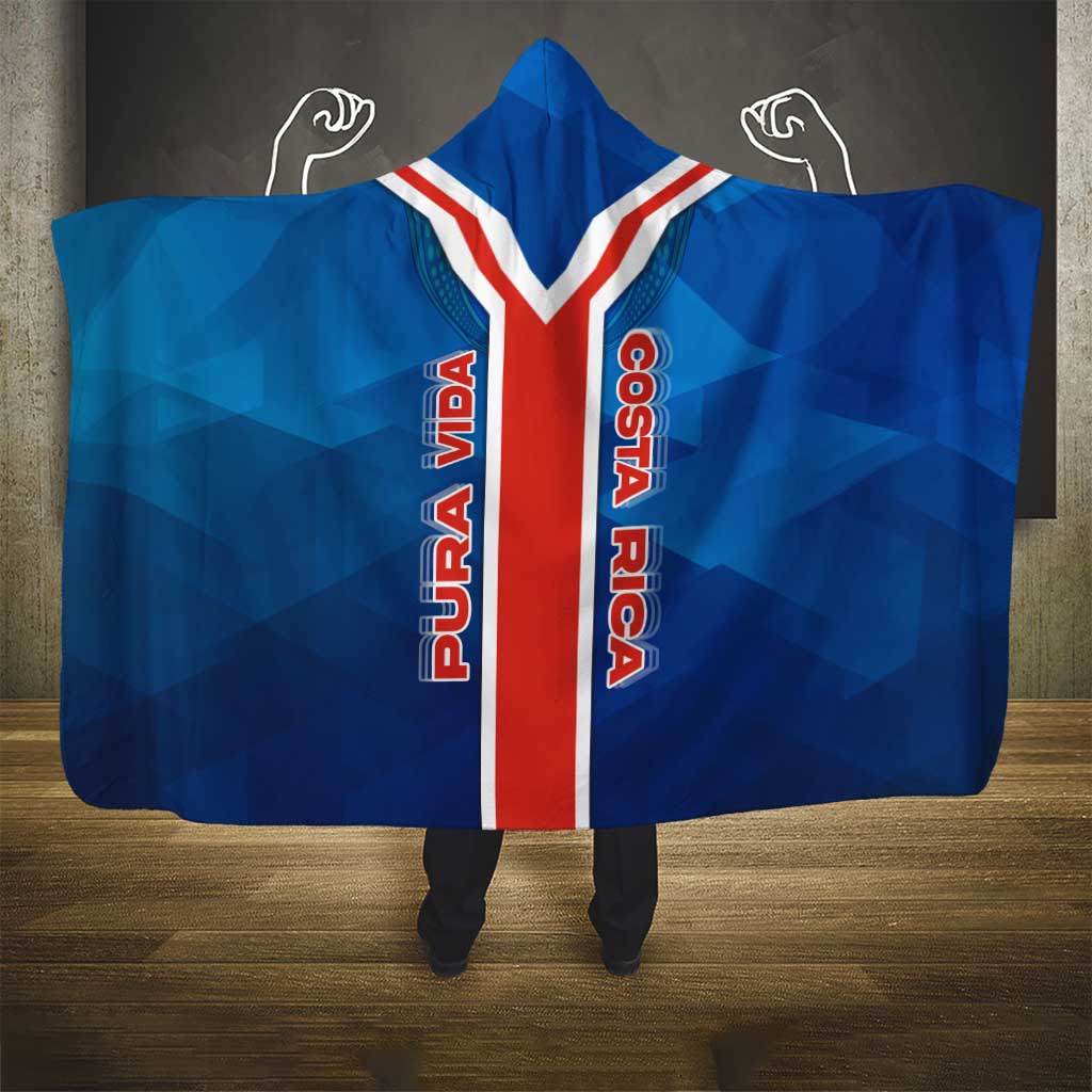 Costa Rica Pura Vida Hooded Blanket Blue Geometric with Red Stripe and National Flag Detail - Wonder Print Shop