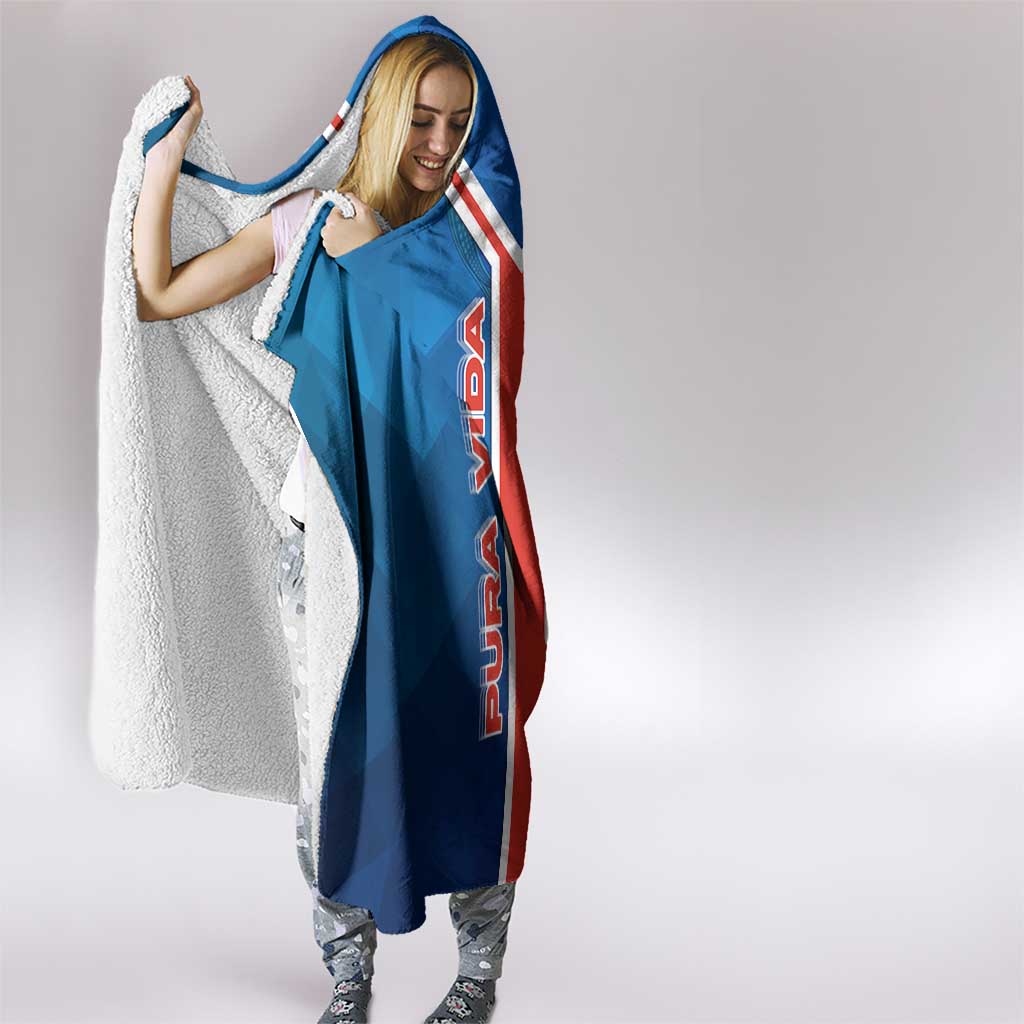 Costa Rica Pura Vida Hooded Blanket Blue Geometric with Red Stripe and National Flag Detail - Wonder Print Shop