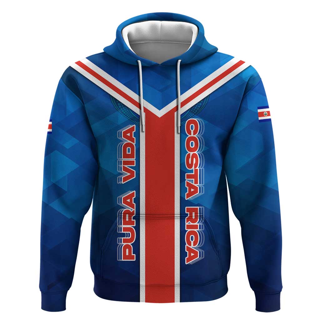 Costa Rica Pura Vida Hoodie Blue Geometric with Red Stripe and National Flag Detail - Wonder Print Shop