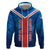Costa Rica Pura Vida Hoodie Blue Geometric with Red Stripe and National Flag Detail - Wonder Print Shop