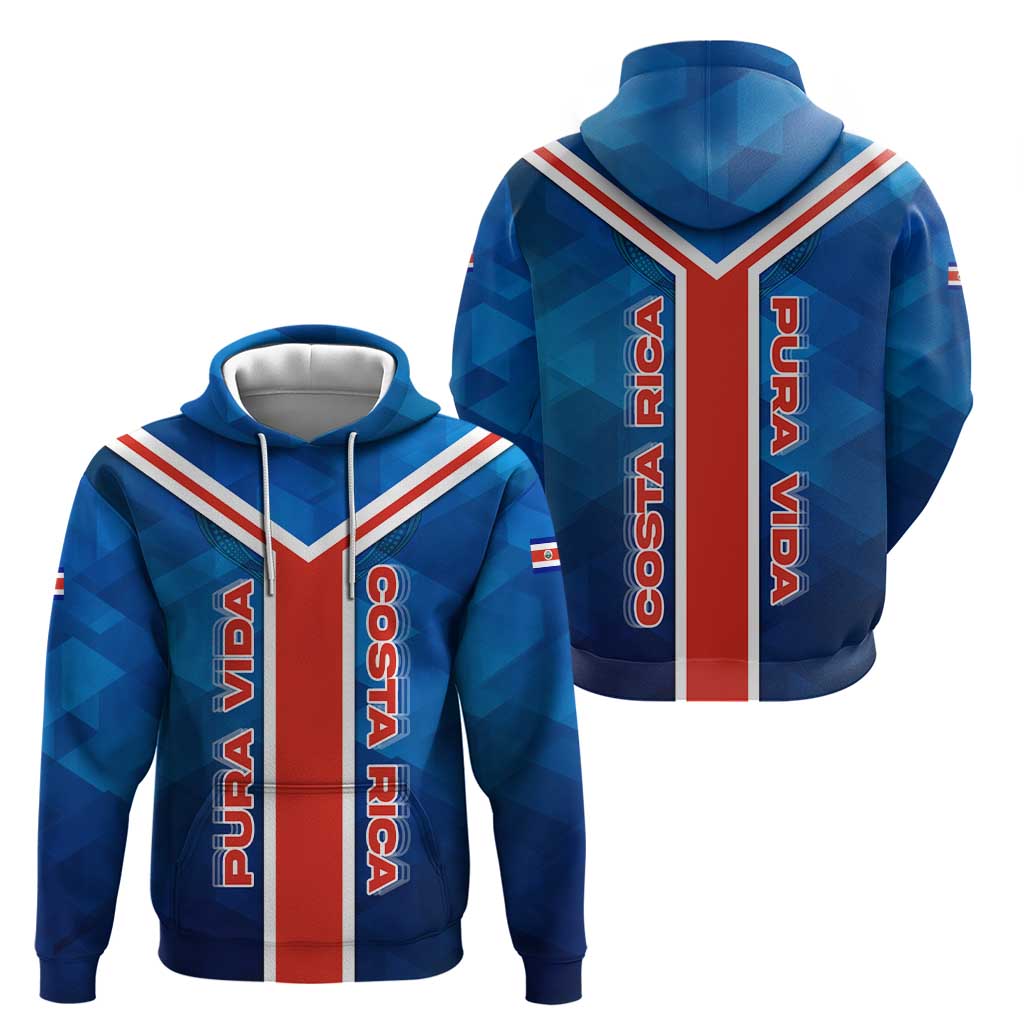Costa Rica Pura Vida Hoodie Blue Geometric with Red Stripe and National Flag Detail - Wonder Print Shop