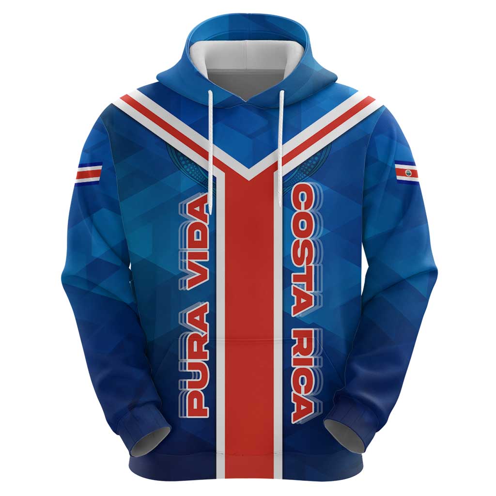 Costa Rica Pura Vida Hoodie Blue Geometric with Red Stripe and National Flag Detail - Wonder Print Shop
