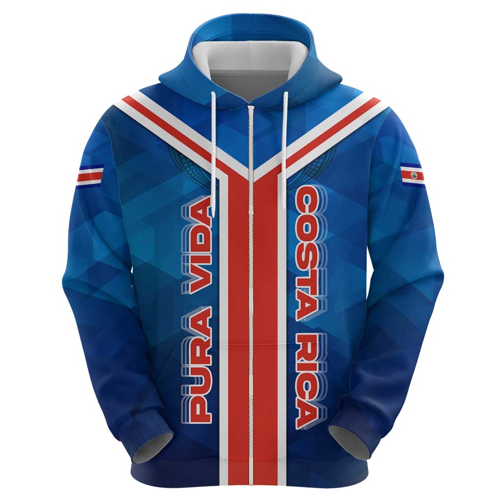 Costa Rica Pura Vida Hoodie Blue Geometric with Red Stripe and National Flag Detail - Wonder Print Shop