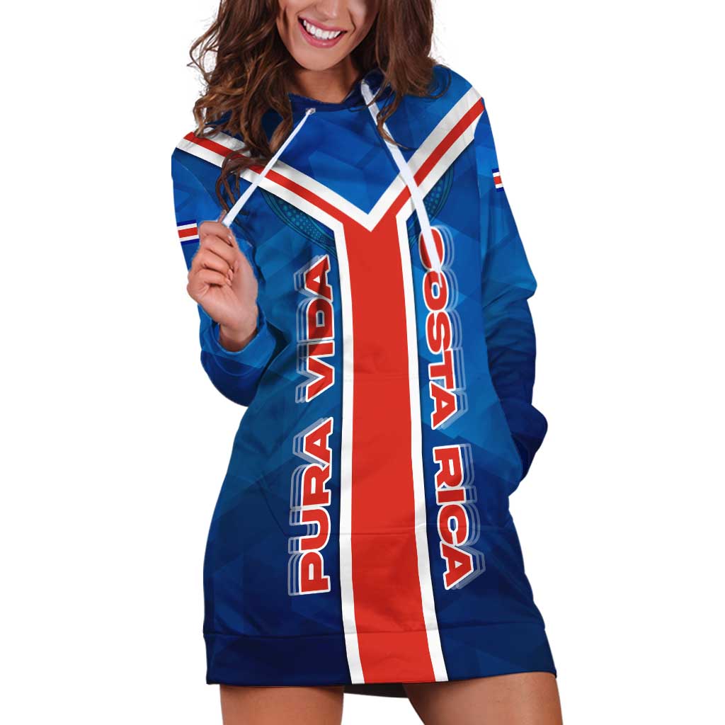 Costa Rica Pura Vida Hoodie Dress Blue Geometric with Red Stripe and National Flag Detail - Wonder Print Shop