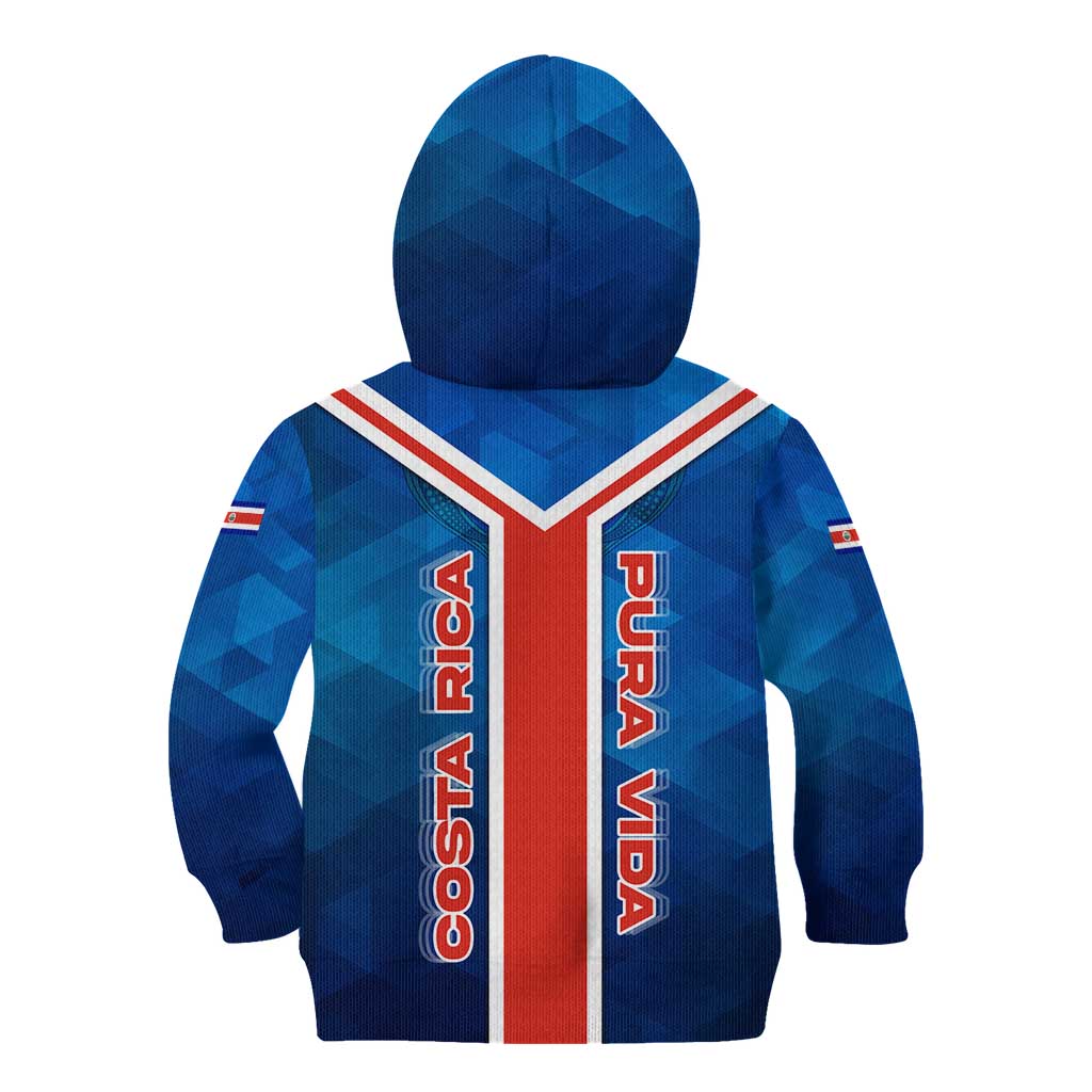 Costa Rica Pura Vida Kid Hoodie Blue Geometric with Red Stripe and National Flag Detail - Wonder Print Shop