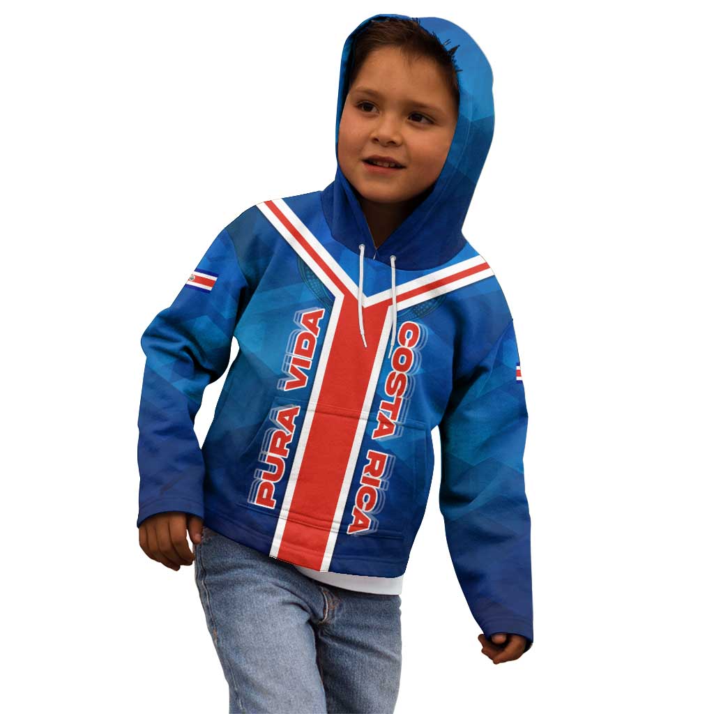 Costa Rica Pura Vida Kid Hoodie Blue Geometric with Red Stripe and National Flag Detail - Wonder Print Shop