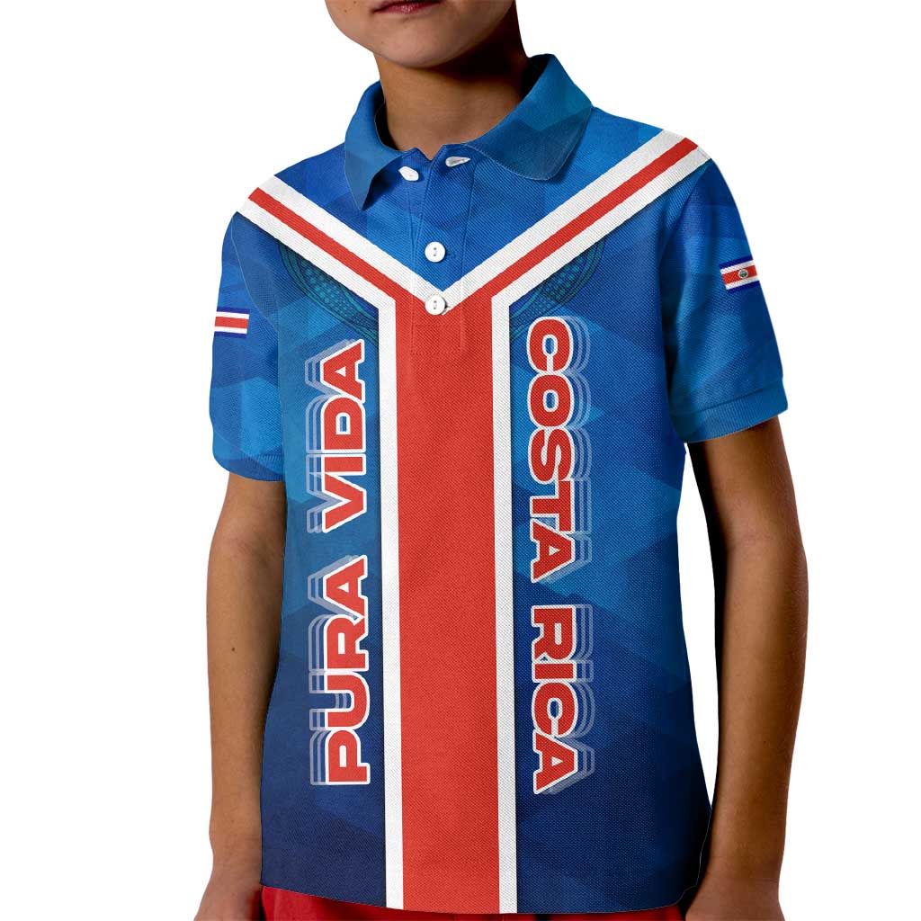 Costa Rica Pura Vida Kid Polo Shirt Blue Geometric with Red Stripe and National Flag Detail - Wonder Print Shop