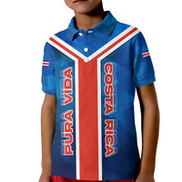 Costa Rica Pura Vida Kid Polo Shirt Blue Geometric with Red Stripe and National Flag Detail - Wonder Print Shop