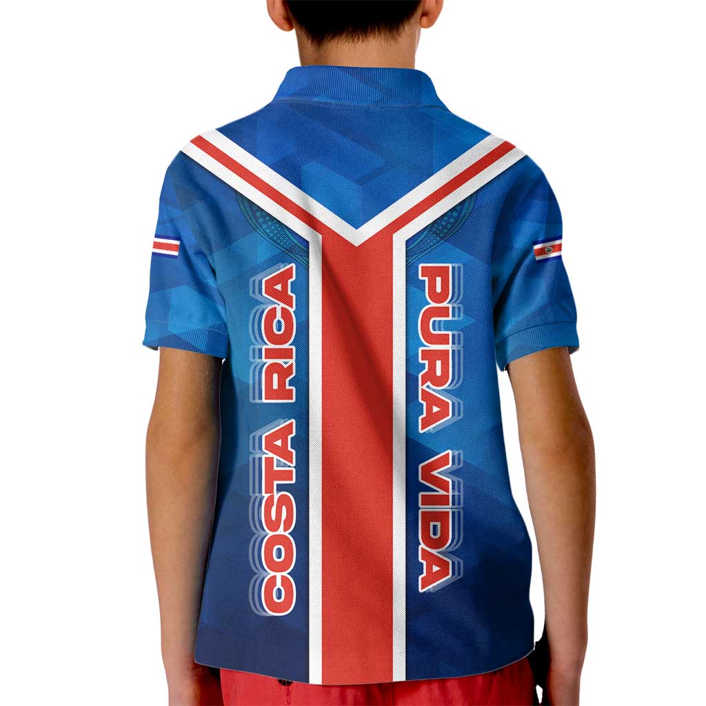 Costa Rica Pura Vida Kid Polo Shirt Blue Geometric with Red Stripe and National Flag Detail - Wonder Print Shop