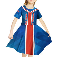 Costa Rica Pura Vida Kid Short Sleeve Dress Blue Geometric with Red Stripe and National Flag Detail - Wonder Print Shop