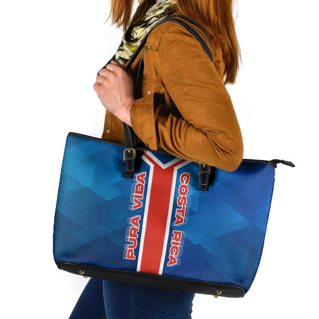 Costa Rica Pura Vida Leather Tote Bag Blue Geometric with Red Stripe and National Flag Detail - Wonder Print Shop