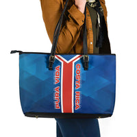 Costa Rica Pura Vida Leather Tote Bag Blue Geometric with Red Stripe and National Flag Detail - Wonder Print Shop