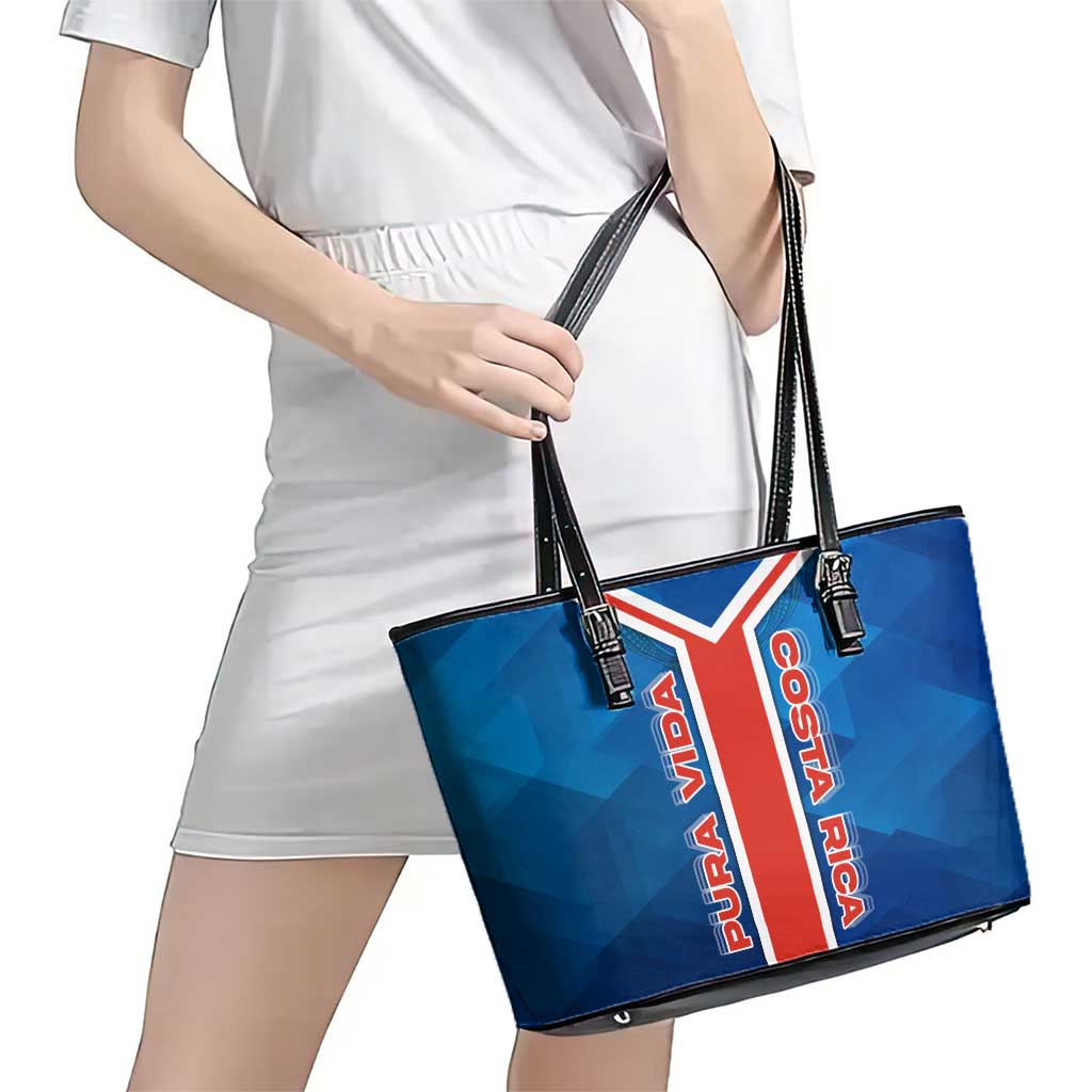 Costa Rica Pura Vida Leather Tote Bag Blue Geometric with Red Stripe and National Flag Detail - Wonder Print Shop